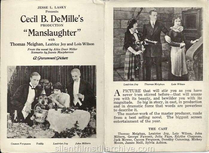MANSLAUGHTER (1922) advertising herald with Thomas Meighan and Leatrice Joy showing at the Opera House in Idaho Springs, Colorado