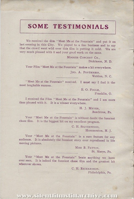 Sales flyer for MEET ME AT THE FOUNTAIN (1904) from Lubin