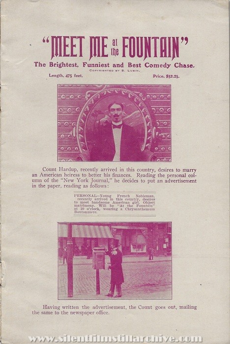 Sales flyer for MEET ME AT THE FOUNTAIN (1904) from Lubin