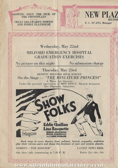 Milford, Delaware, New Plaza Theatre program for May 20, 1929