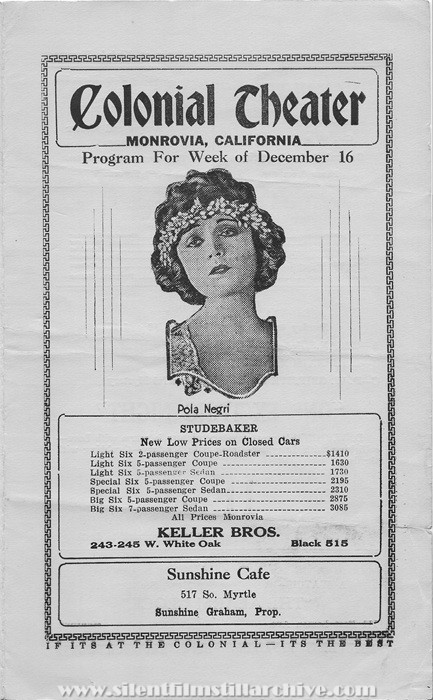 Monrovia, California, Colonial Theatre program for December 16th, 1923 showing THE SPANISH DANCER (1923) with Pola Negri