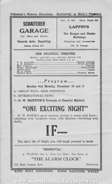 Monrovia, California, Colonial Theatre program for December 16th, 1923 showing ONE EXCITING NIGHT (1923) by D. W. Griffith