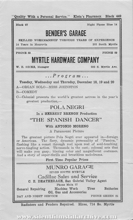 Monrovia, California, Colonial Theatre program for December 16th, 1923 showing THE SPANISH DANCER (1923) with Pola Negri
