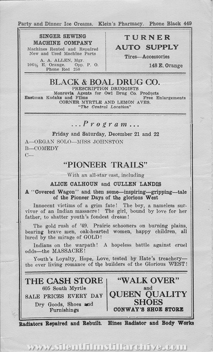 Monrovia, California, Colonial Theatre program for December 16th, 1923 showing PIONEER TRAILS (1923) with Alice Calhoun