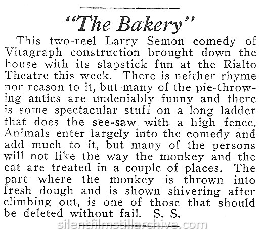 Moving Picture World review of THE BAKERY (1921) with Larry Semon