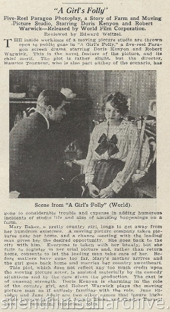 Moving Picture World Review of A GIRL'S FOLLY with Robert Warwick and Doris Kenyon