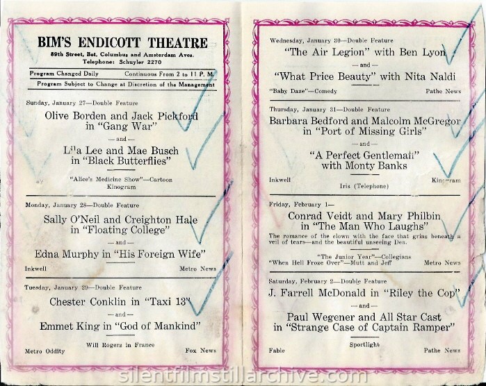 New York, New York Bim's Endicott Theatre program for the week of ,January 27 1929.