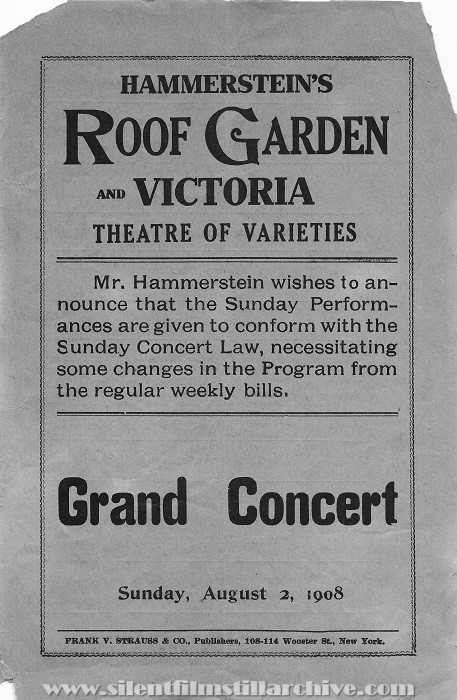 New York, New York Hammerstein's Roof Garden and Victoria Theatre of Varieties program from August 2, 1908