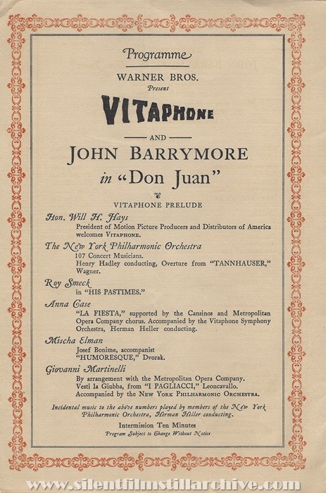 Program from the Warner Theatre in New York City showing the Vitaphone silent feature DON JUAN (1926).