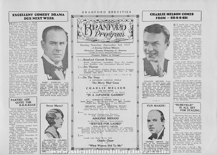 Newark, New Jersey, Branford Theater program for September 3, 1927