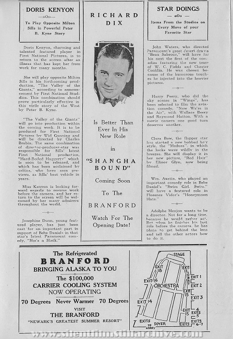 Newark, New Jersey, Branford Theater program for September 3, 1927