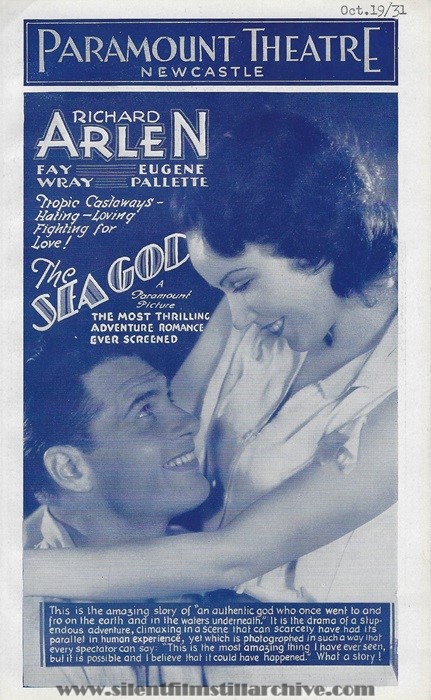 Paramount Theatre, Newcastle, England, UK program featuring THE SEA GOD (1930) with Richard Arlen and Fay Wray