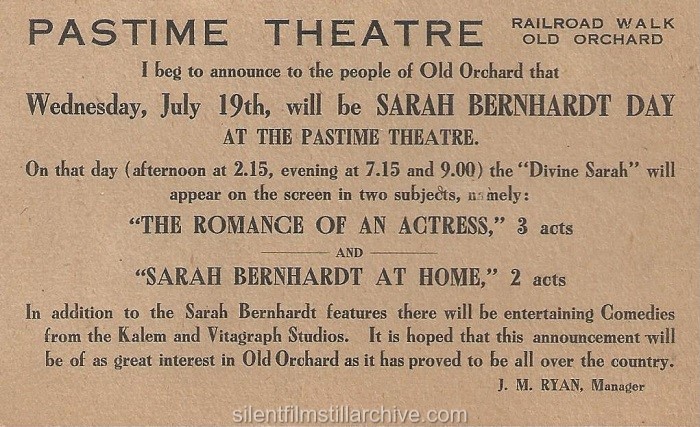 Old Orchard Pastime Theatre advertising card, July 19, 1916