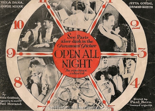 OPEN ALL NIGHT (1924) movie herald with Adolphe Menjou, Viola Dana, Jetta Goudal and Raymond Griffith