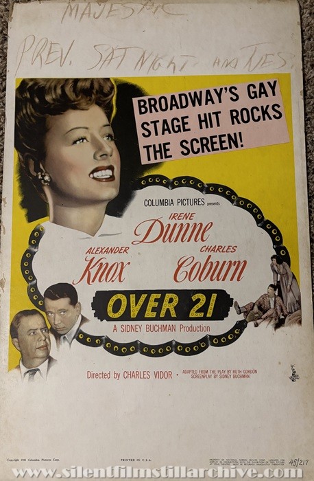 Window card for OVER 21 (1945) with Irene Dunne, Alexander Knox, and Charles Coburn.