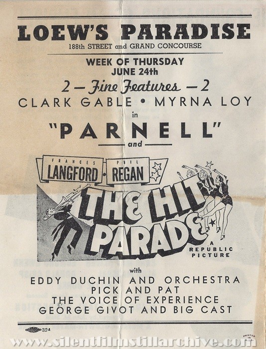 Herald for PARNELL (1937) with Clark Gable and Myrna Loy showing at the Loew's Paradise Theater