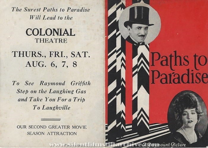 Flyer for PATHS TO PARADISE with Raymond Griffith and Betty Compson from the Colonial Theatre