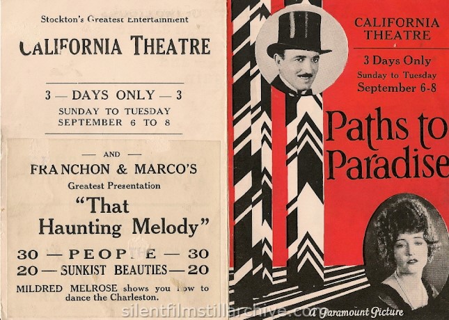 Flyer for PATHS TO PARADISE with Raymond Griffith and Betty Compson from the California Theatre in Stockton