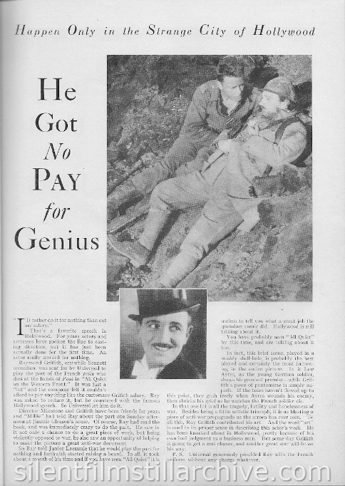Photoplay Magazine, July 1930, page 33, He Got No Pay for Genius,
Raymond Griffith in ALL QUIET ON THE WESTERN FRONT (1930)