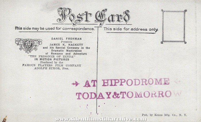 Postcard for THE PRISONER OF ZENDA (1913) with James K.&nbsp;Hackett