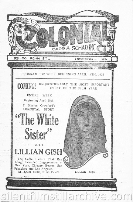 Reading, Pennsylvania Colonial Theater program for the week of April 14th, 1924