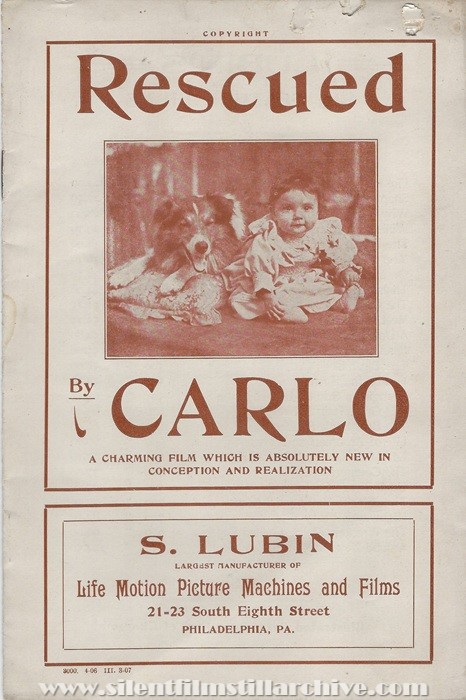 Sales flyer for RESCUED BY CARLO (1906) from Lubin