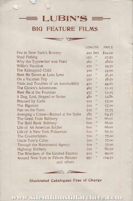 Sales flyer for RESCUED BY CARLO (1906) from Lubin