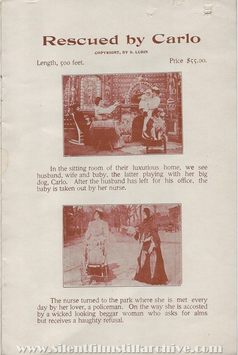 Sales flyer for RESCUED BY CARLO (1906) from Lubin