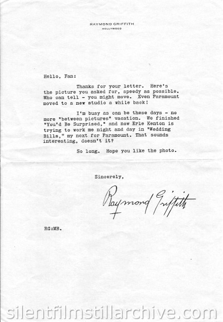 Fan form letter from Raymond Griffith