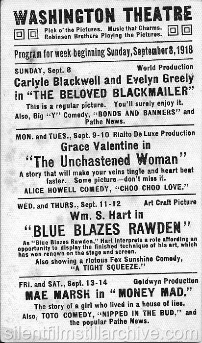 Washington Theatre program, Richmond, Indiana, September 8, 1917