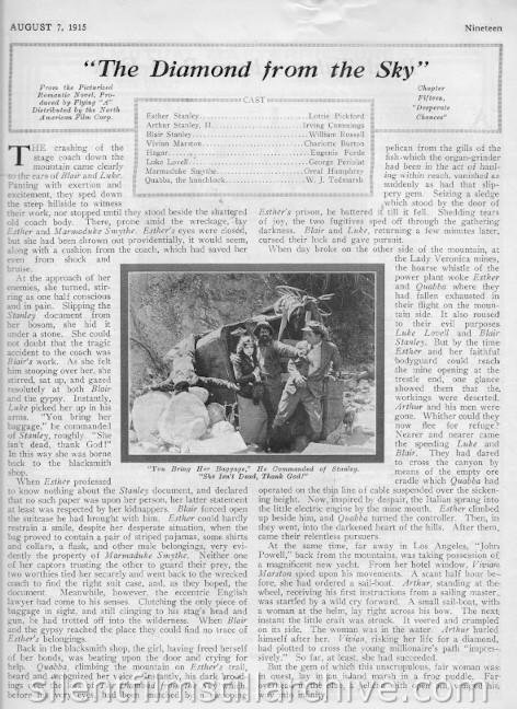THE DIAMOND FROM THE SKY (1915) synopsis from Reel Life magazine, August 7, 1915