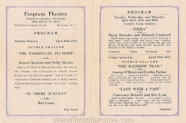 Rochester, New York Empress Theatre program, April 26th, 1932
