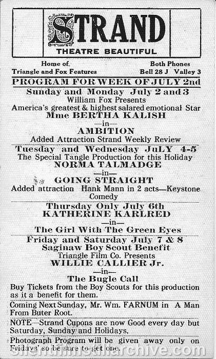 Saginaw, Michigan Strand Theatre program, July 2, 1916