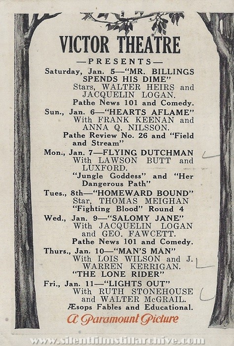Herald for SALOMY JANE (1923) with Jacqueline Logan playing at the Victor Theatre