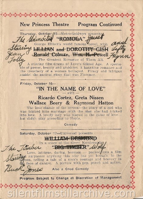 New Princess Theatre program for October 12, 1925