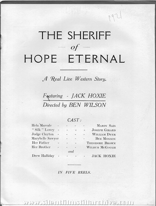 Program for THE SHERIFF OF HOPE ETERNAL (1921) with Jack Hoxie