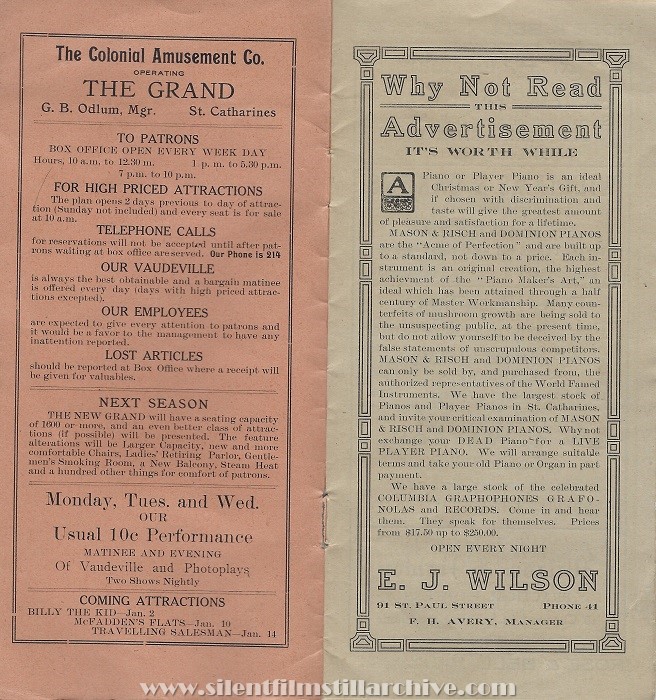 The Grand theater program, St. Catherines, Ontario, Canada, December 1912
