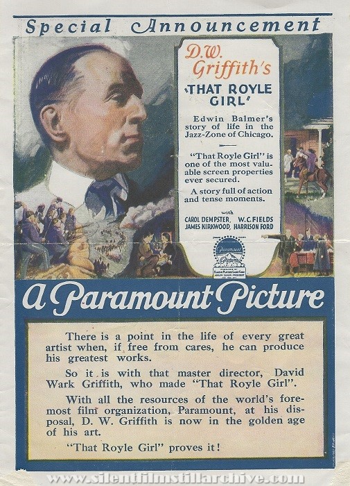 Advertising herald for D. W. Griffith's THAT ROYLE GIRL (1925)