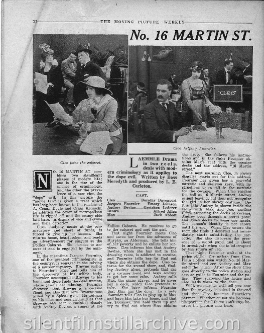 The Moving Picture Weekly, July 8, 1916, synopsis for NUMBER 16 MARTIN STREET with Dorothy Davenport and Emery Johnson.