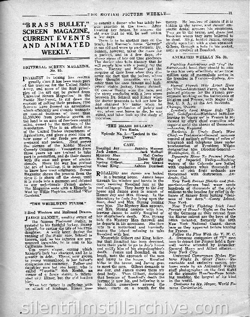 Moving Picture Weekly August 17, 1918 synopsis for LOCKED IN THE TOWER, Chapter 3 fromTHE BRASS BULLET (1918) 