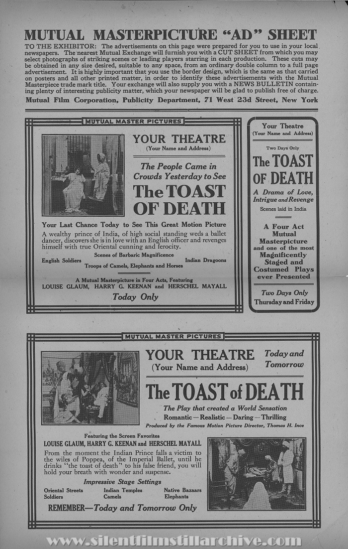 THE TOAST OF DEATH (1915) press sheet