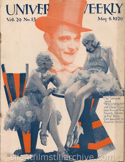 Universal Weekly magazine cover for May 4, 1929 featuring BROADWAY (1929) with Evelyn Brent and Merna Kennedy
