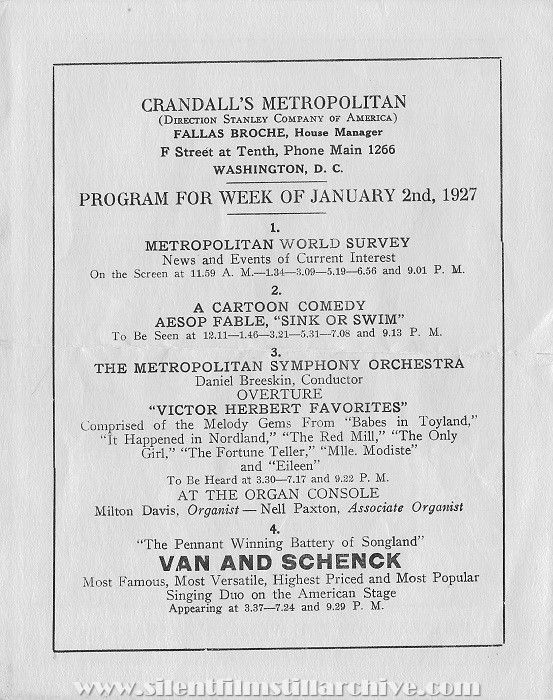 Washington, DC Crandall's Metropolitan Theatre program, January 2, 1927