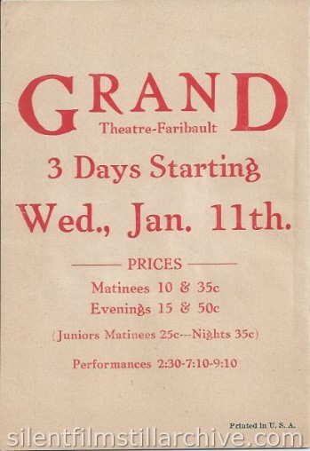 Advertising herald for WHAT PRICE GLORY? (1927) with Victor McLaglen, Dolores Del Rio and Edmund Lowe showing at the Grand Theatre in Faribault, Minnesota.