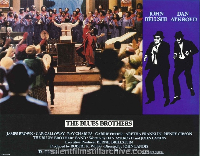 Lobby card with Dan Aykroyd, John Belushi and James Brown in THE BLUES BROTHERS (1980)