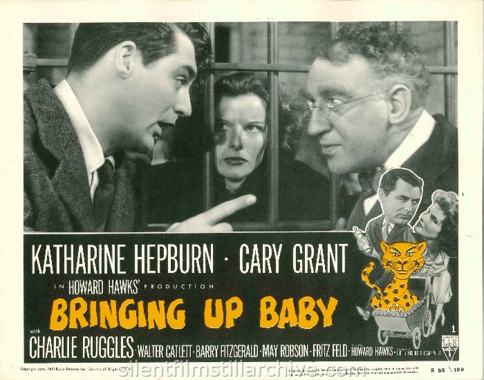 Cary Grant, Katharine Hepburn (in jail) and Walter Catlett in BRINGING UP BABY (1938). 1955 Re-release Lobby Card