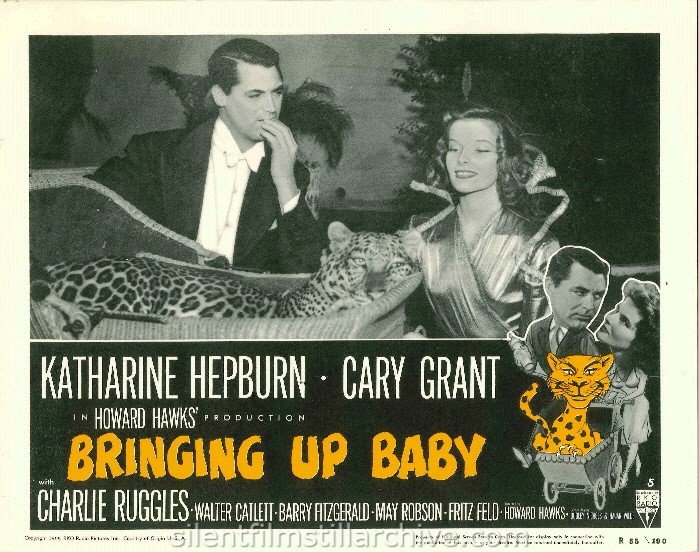 Cary Grant, Katharine Hepburn and leopard in BRINGING UP BABY (1938). 1955 Re-release Lobby Card
