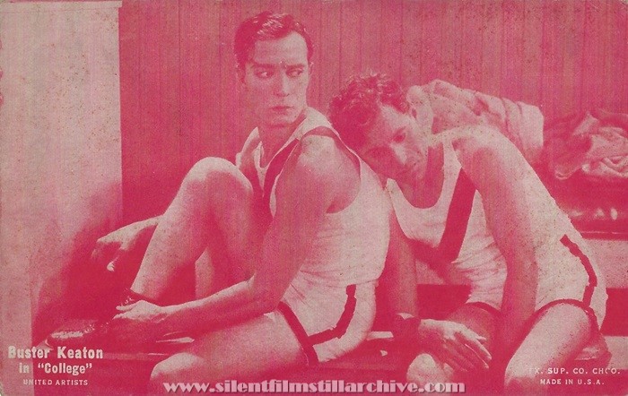 Arcade card for COLLEGE (1927) with Buster Keaton and Charlie Hall