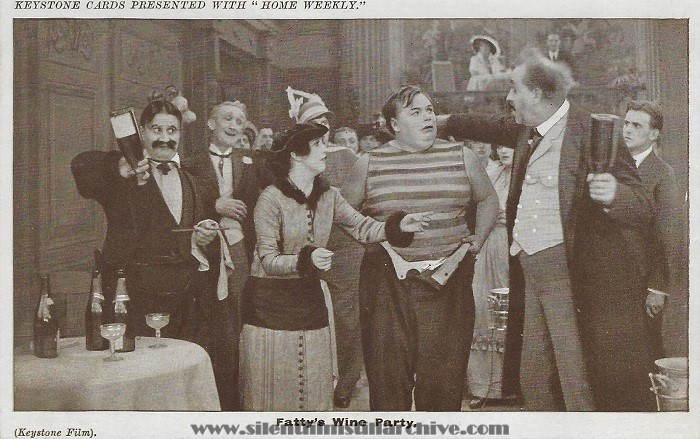 Home Weekly Postcard for FATTY'S WINE PARTY (1914) with Sydney Chaplin, Frank Hayes, Mabel Normand, Roscoe Arbuckle, and Mack Swain