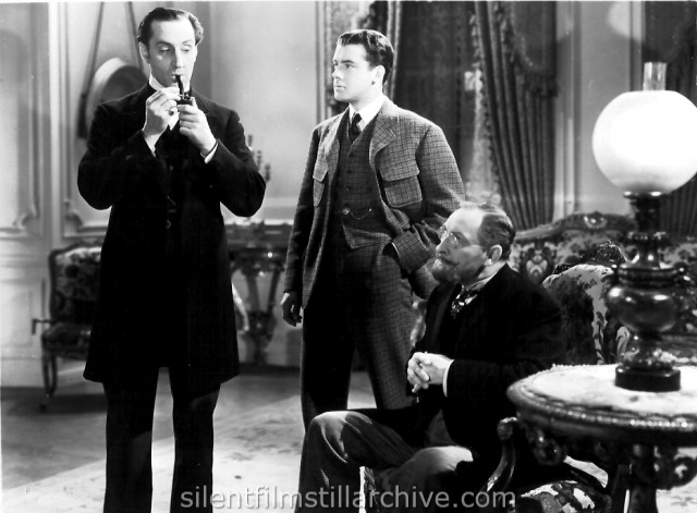 Basil Rathbone, Richard Greene, and Lionel Atwill in THE HOUND OF BASKERVILLES (1939)